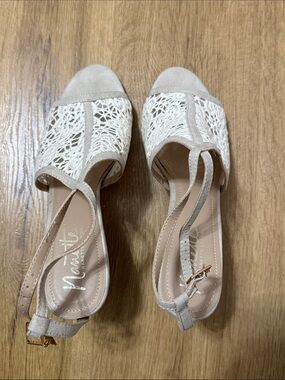 Nannette Cream Lace and Beige Suede Slingback Sandals